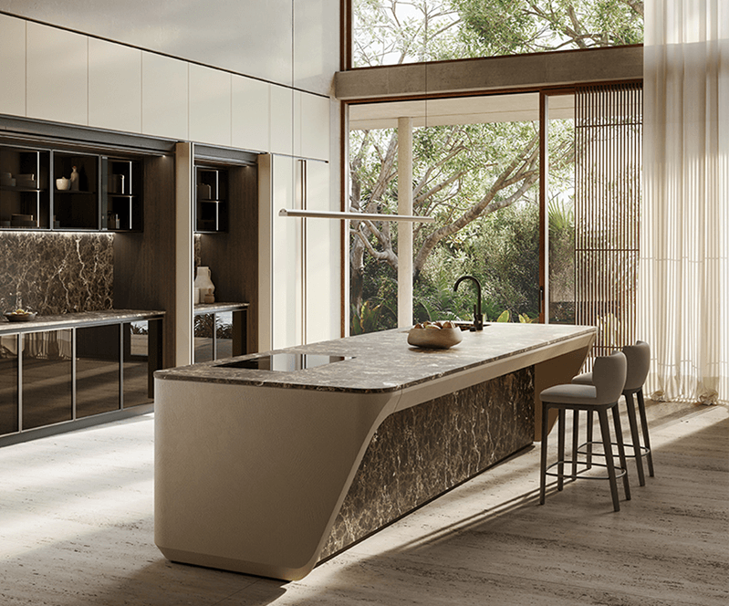 Appliances are fully integrated within the cabinetry, maintaining clean sightlines and a cohesive, uninterrupted surface.