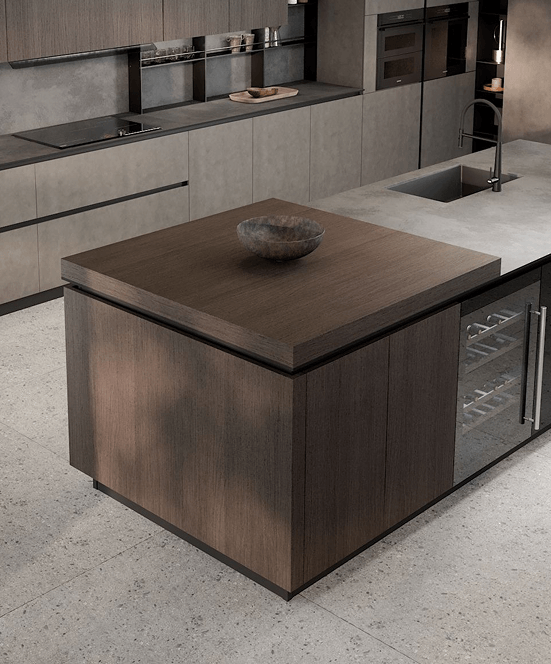 Appliances are fully integrated within the cabinetry, maintaining clean sightlines and a cohesive, uninterrupted surface.
